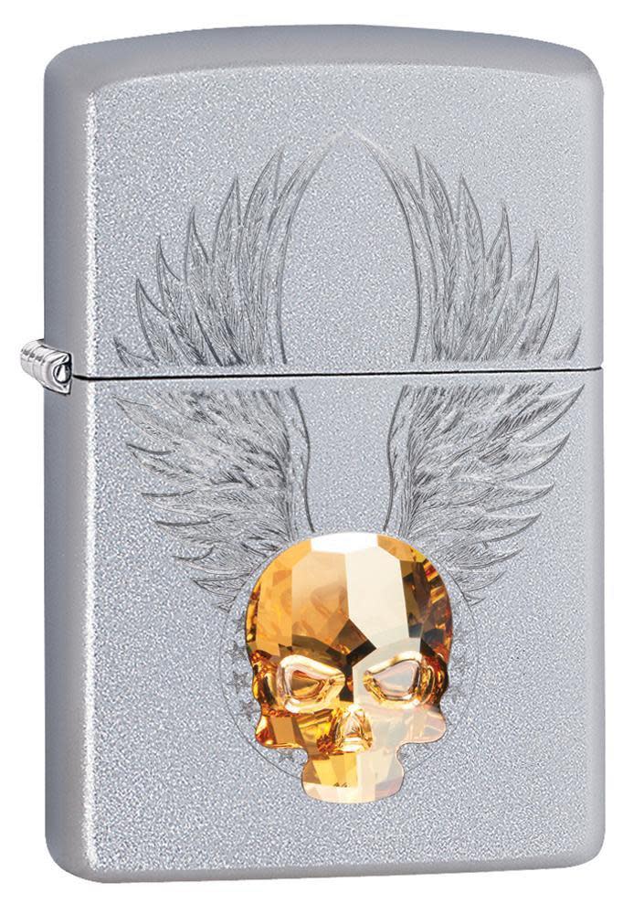Front view of the Gold Skull Design Lighter with Skull Emblem shot at a 3/4 angle